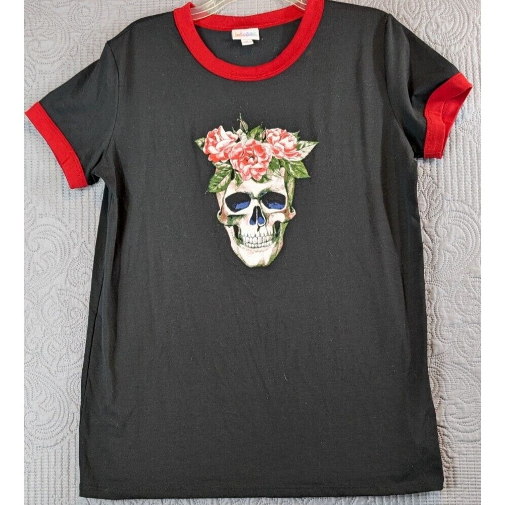 Lularoe T-shirt Men's Medium Black Red Mexican Skull Print Graphic Short Sleeve